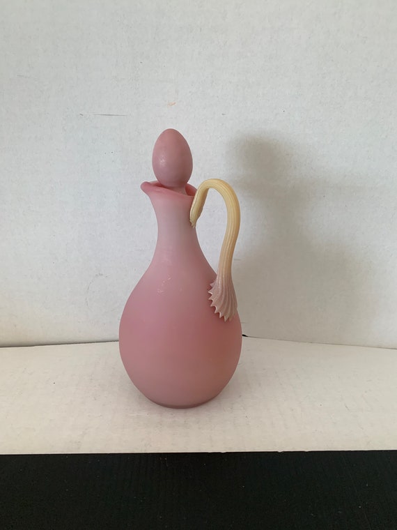 Vintage Pink Vetro Artistico Veneziano Murano Art Glass Cruet with Stopper, Applied Claw Ribbon Handle, Murano Pink Satin Glass, Mid Century
