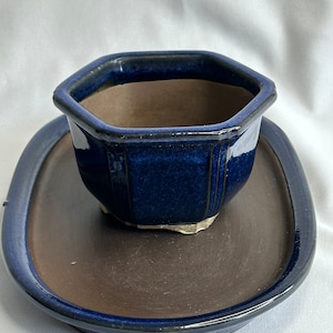 Vintage Toyo Cobalt Blue and Brown Footed Bonsai Tree Planter and Tray, Glazed Bonsai Pot, Collectable Toyo, Retro Decor, Small Planter