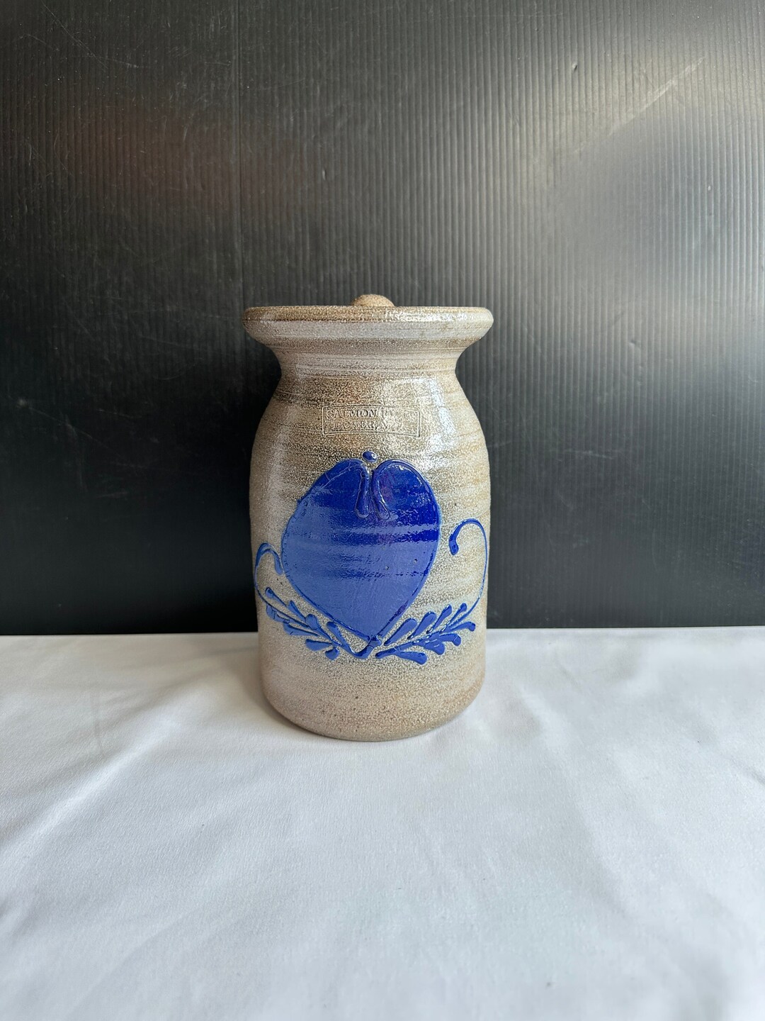 Vintage Salmon Falls Stoneware Pottery Lidded Jar, Handcrafted Salt