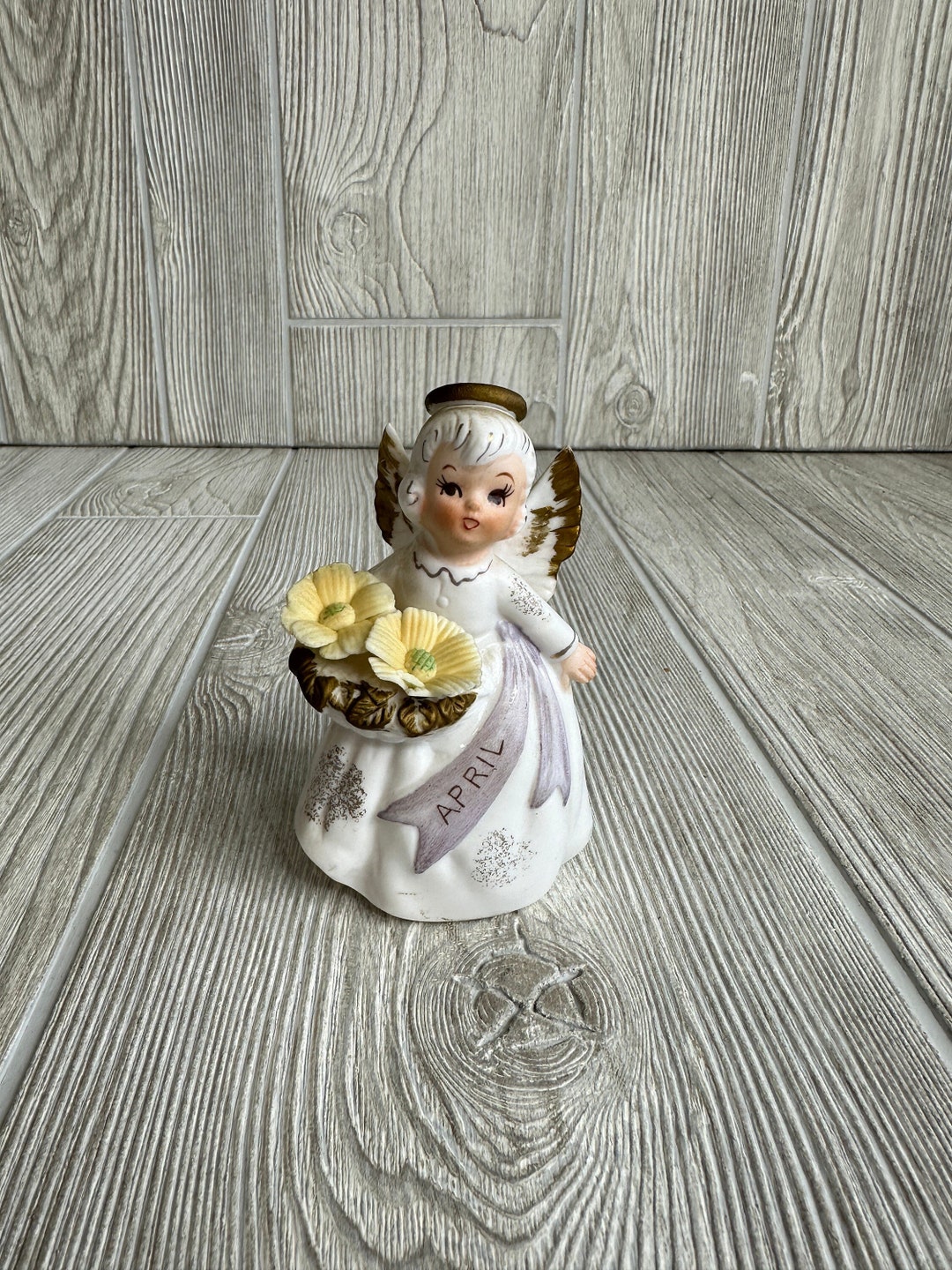 Vintage Lefton April Birthday Angel Figurine Holding Flowers 3332