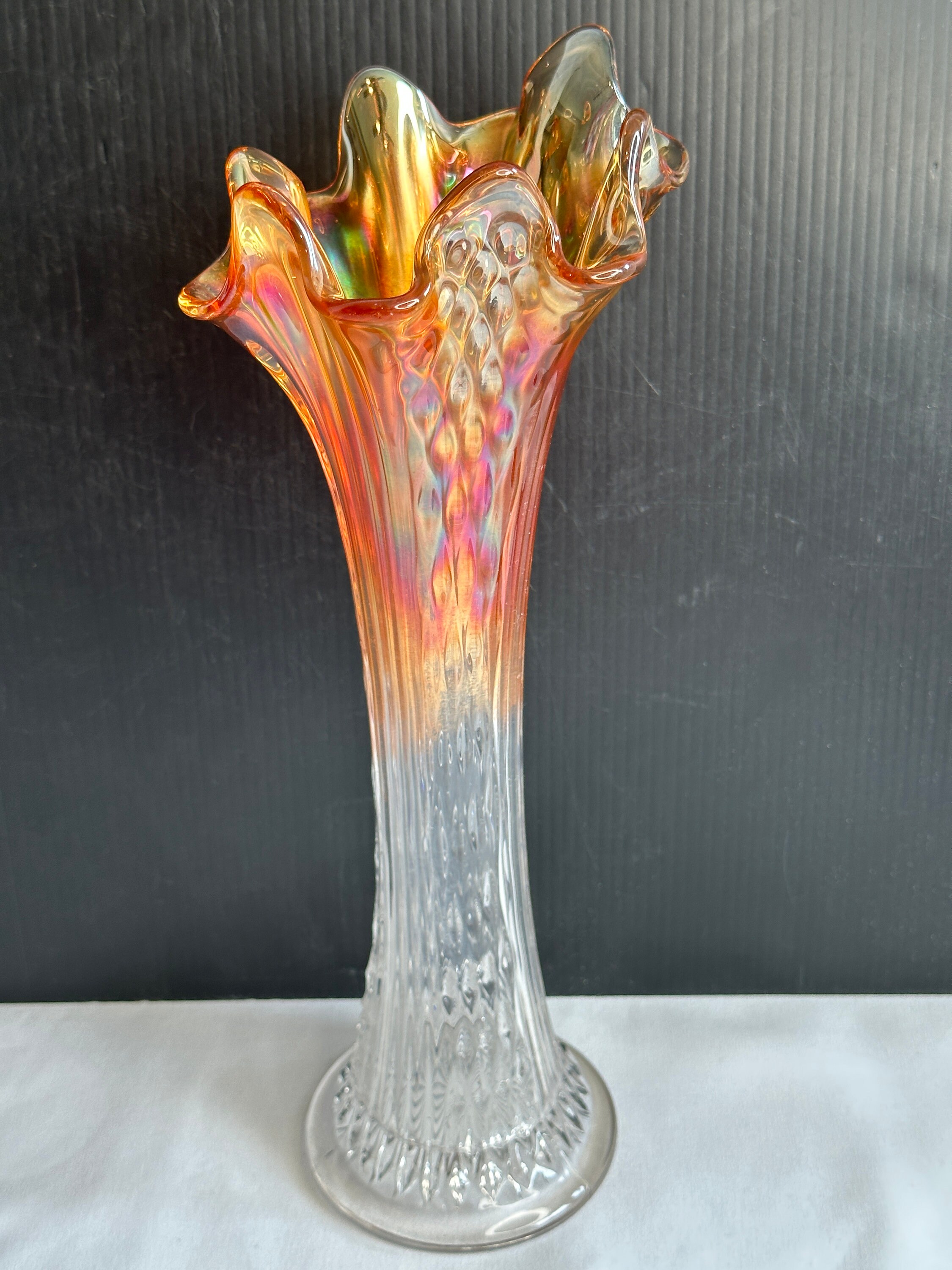 Vintage Fenton Art Glass Ribbed Swung Vase, Iridescent Carnival