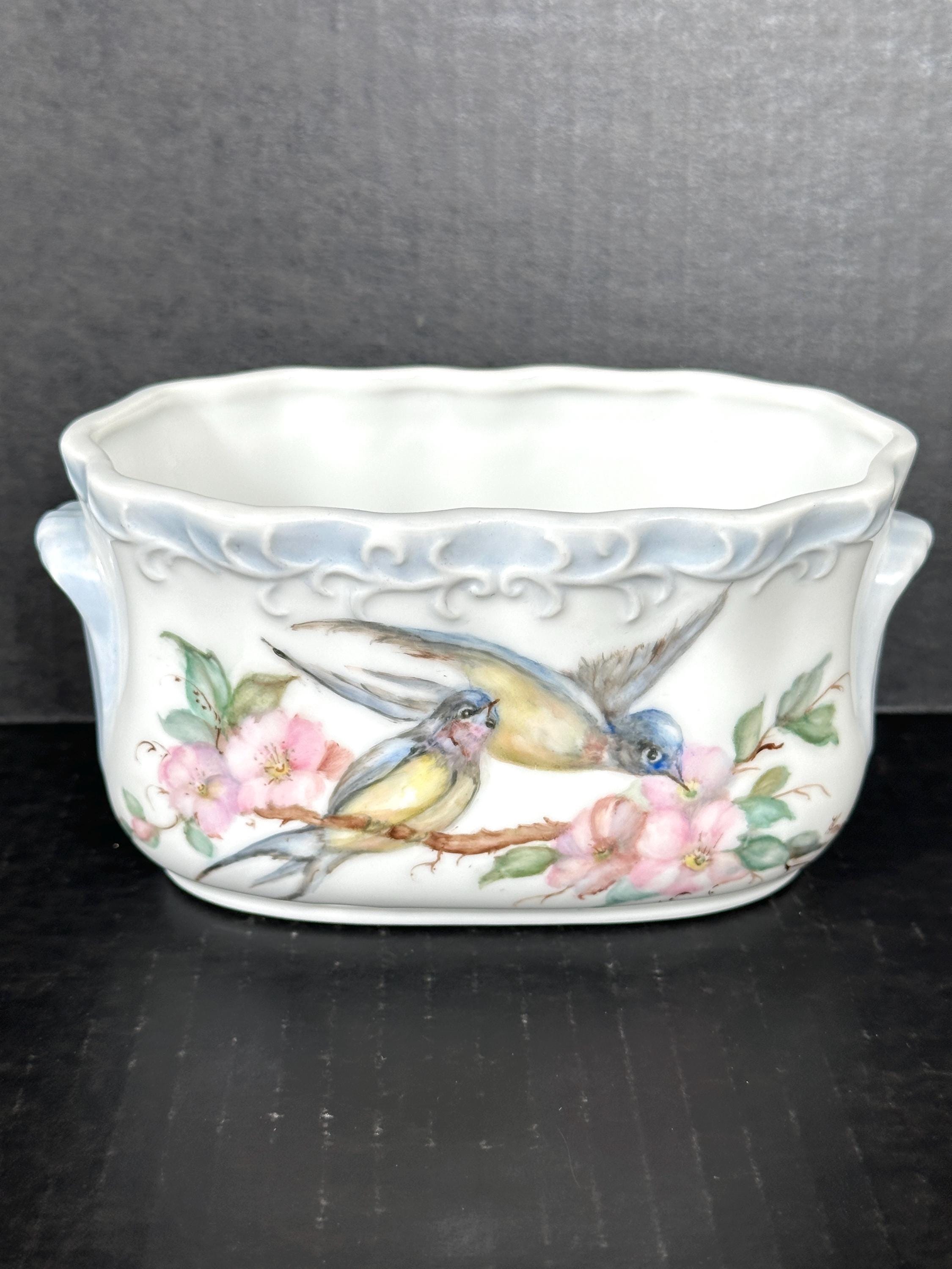 Vintage 1987 Bluebird and Cherry Blossom Floral Design Ceramic
