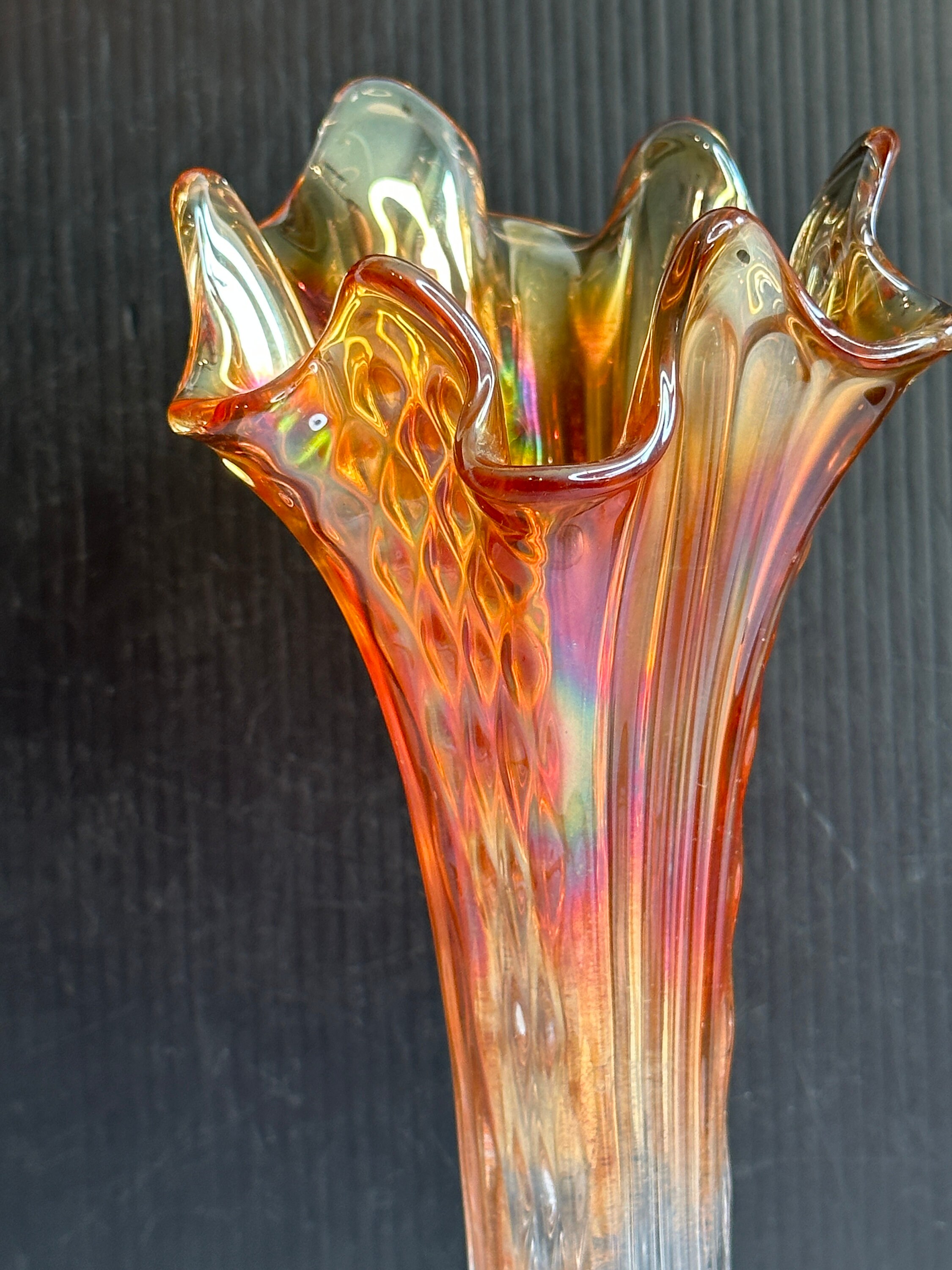 Vintage Fenton Art Glass Ribbed Swung Vase, Iridescent Carnival