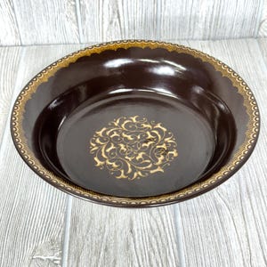 Vintage 1970&#39;s Franciscan Jamoca 9&quot; Round Vegetable Bowl, Yellow Scrolls On Brown, Earthenware, USA, Jamoca Replacement, Retro MCM Kitchen