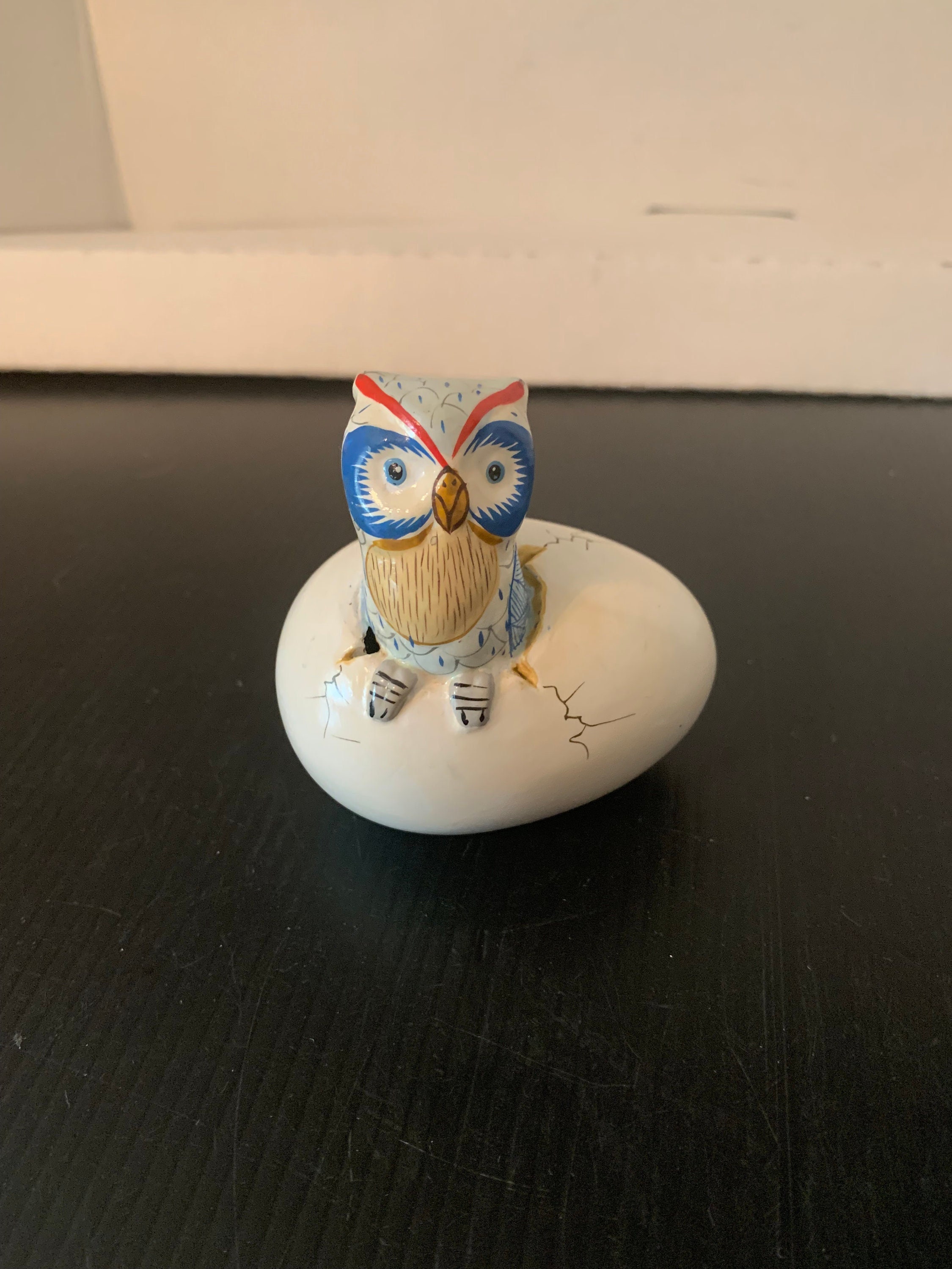 Baby Owl on an Egg Figurine Mexican Pottery, Colorful Blue Owl, Just Hatched Baby Owl Artist Signed,