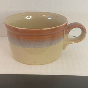 Vintage Mikasa Potters Art, Ben Seibel Design, Country Cabin, PF 850, Flat Cup, Replacement, Tan with Orange & Brown Bands, Farmhouse, MCM