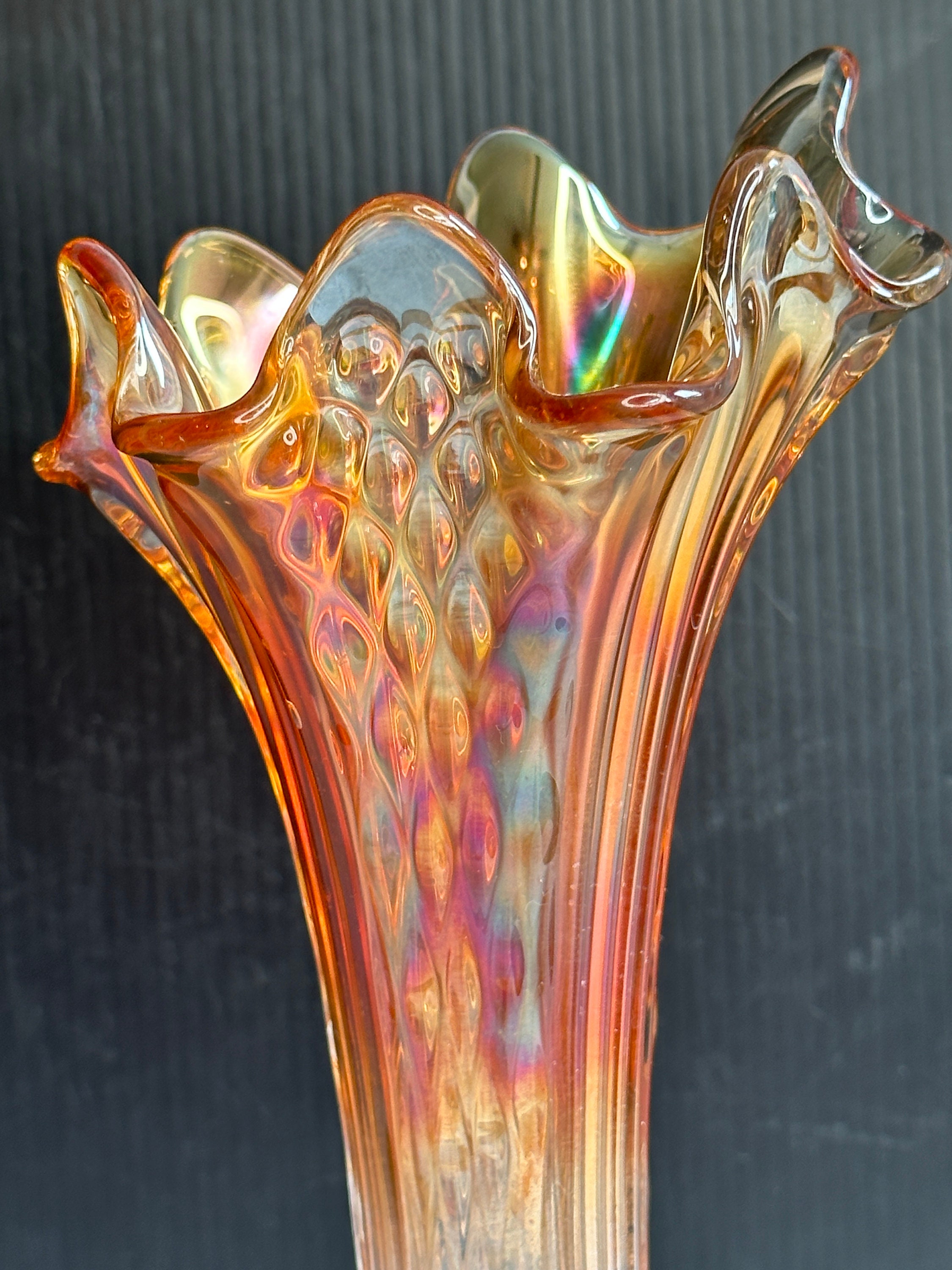 Vintage Fenton Art Glass Ribbed Swung Vase, Iridescent Carnival