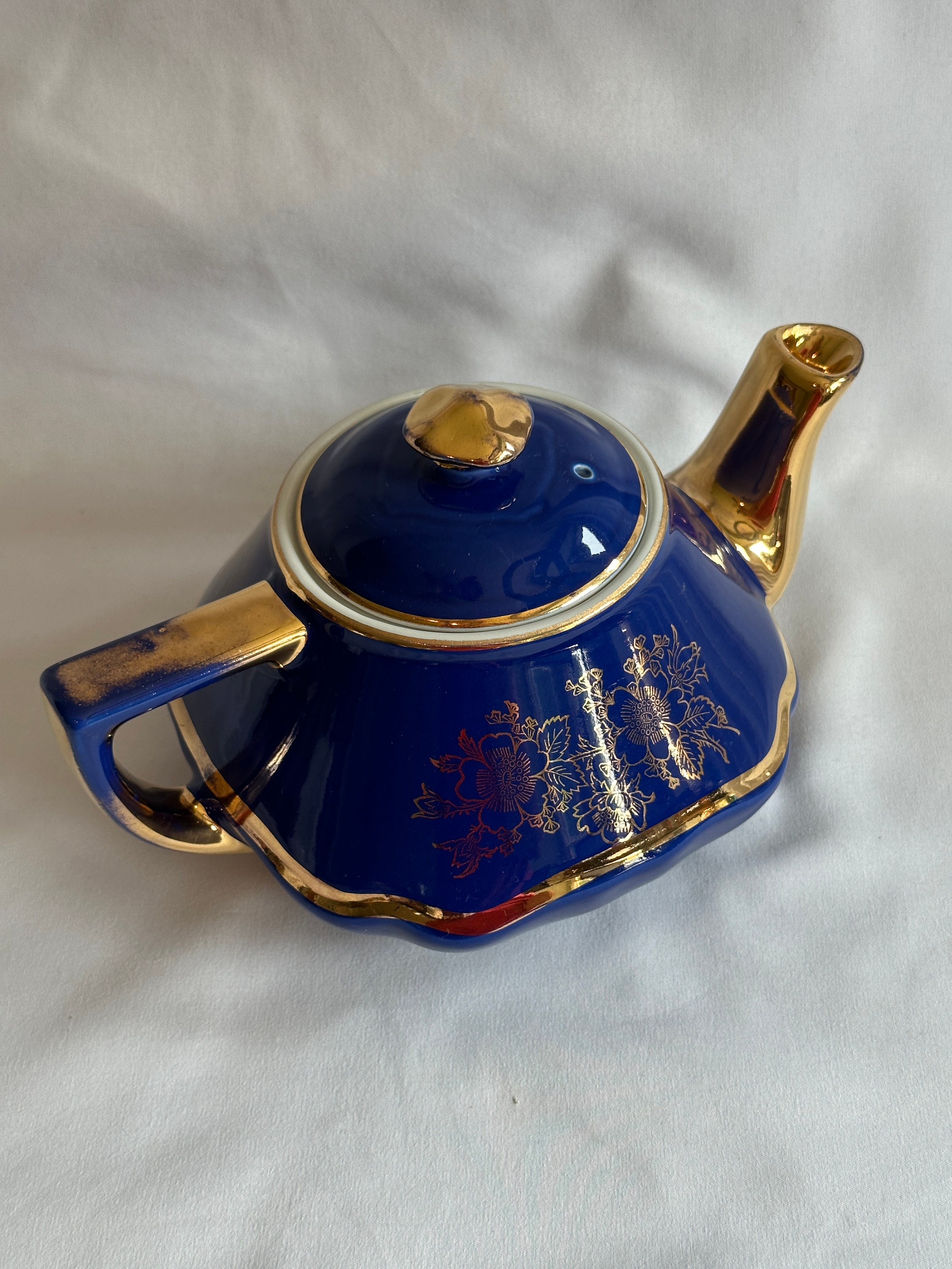 Vintage 1950's Hall China Baltimore 6 Cup Cobalt Blue Gold