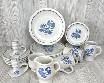 Vintage Pfaltzgraff Yorktowne Dinnerware, Blue Floral, Smooth, Blue Trim, Yorktowne Replacements Pfaltzgraff Stoneware, Traditional MCM