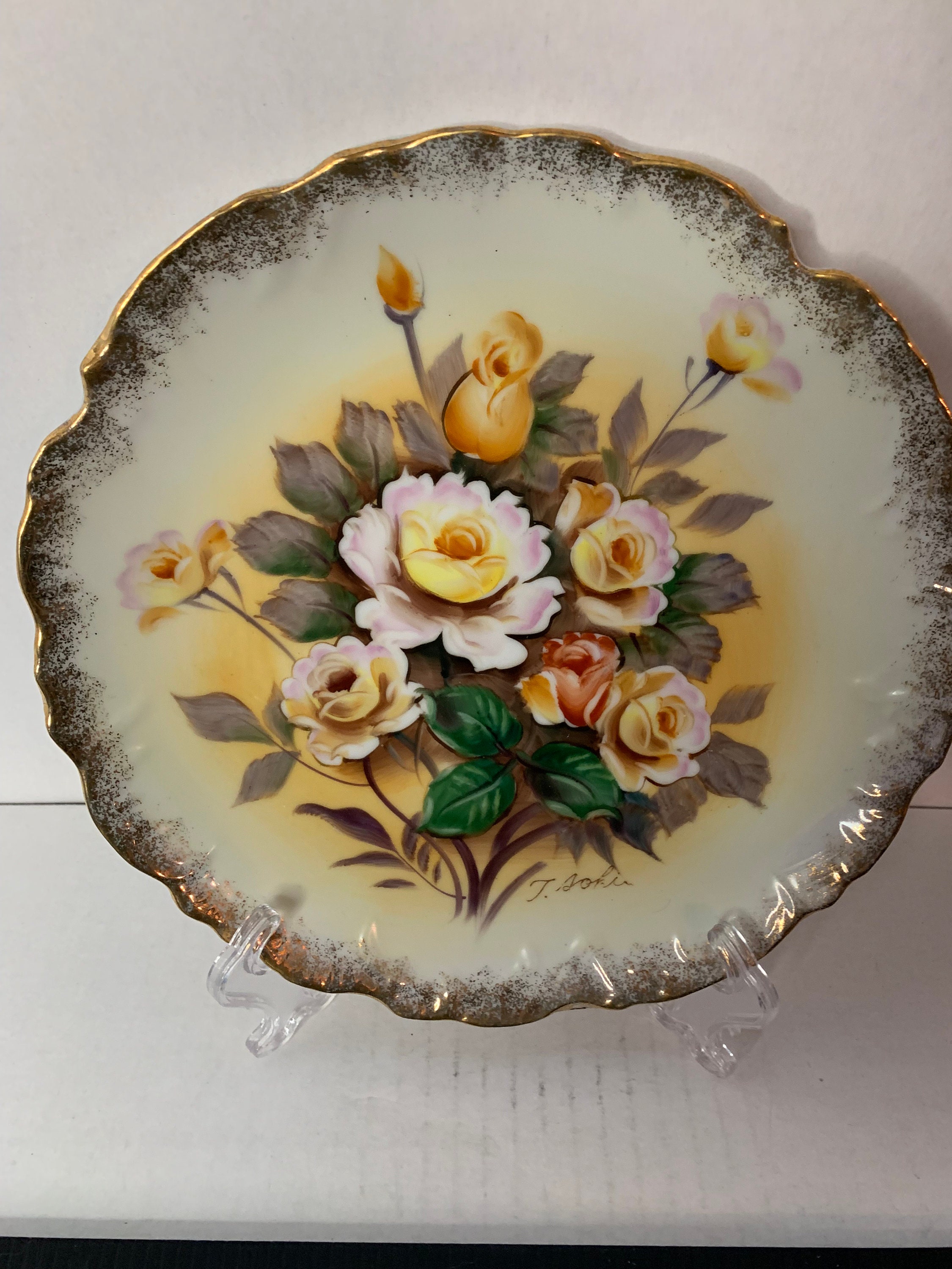 Vintage Ucagco Ceramics Japan Hand Painted Yellow and Orange Roses