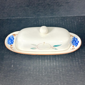 Vintage Stangl Pottery Fruit 1/4 lb. Covered Butter Dish, Brown Trim, Various Fruit, Grapes Peach, Discontinued Pottery, Mid Century, USA