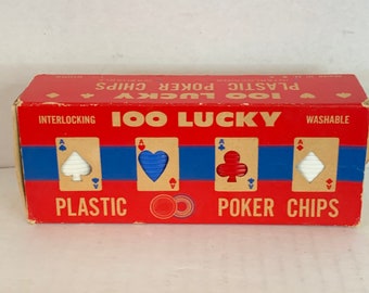 Vintage 100 Lucky Interlocking Plastic Poker Chips in Original Box, 1970's, Vintage Game Pieces, Red White & Blue Poker Chips, Made in USA