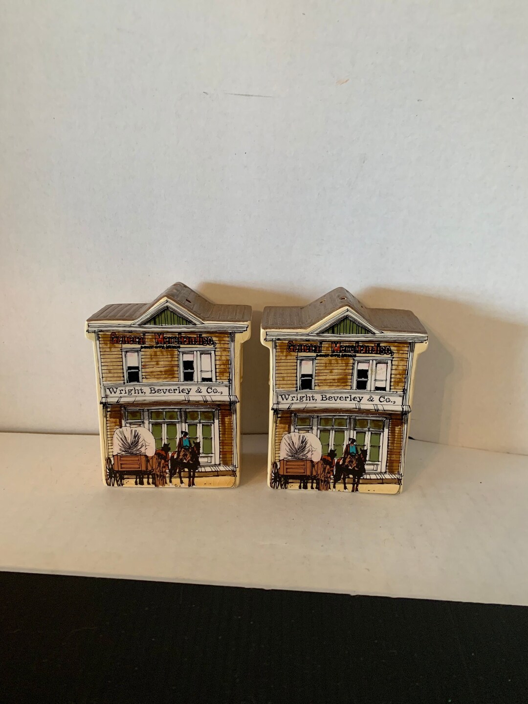 Vintage Western General Merchandise Salt and Pepper Shaker Set, Wright Beverley & Co, E4763