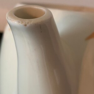 May include: Close-up of the spout of a white ceramic teapot. The spout is smooth and rounded, with a slight lip at the opening.