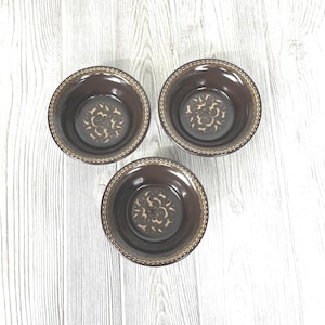 Vintage 1970s Franciscan Jamoca Fruit/Dessert (Sauce) Bowl, Set of 3, Yellow Scrolls On Brown, Earthenware, USA, Retro MCM Kitchen