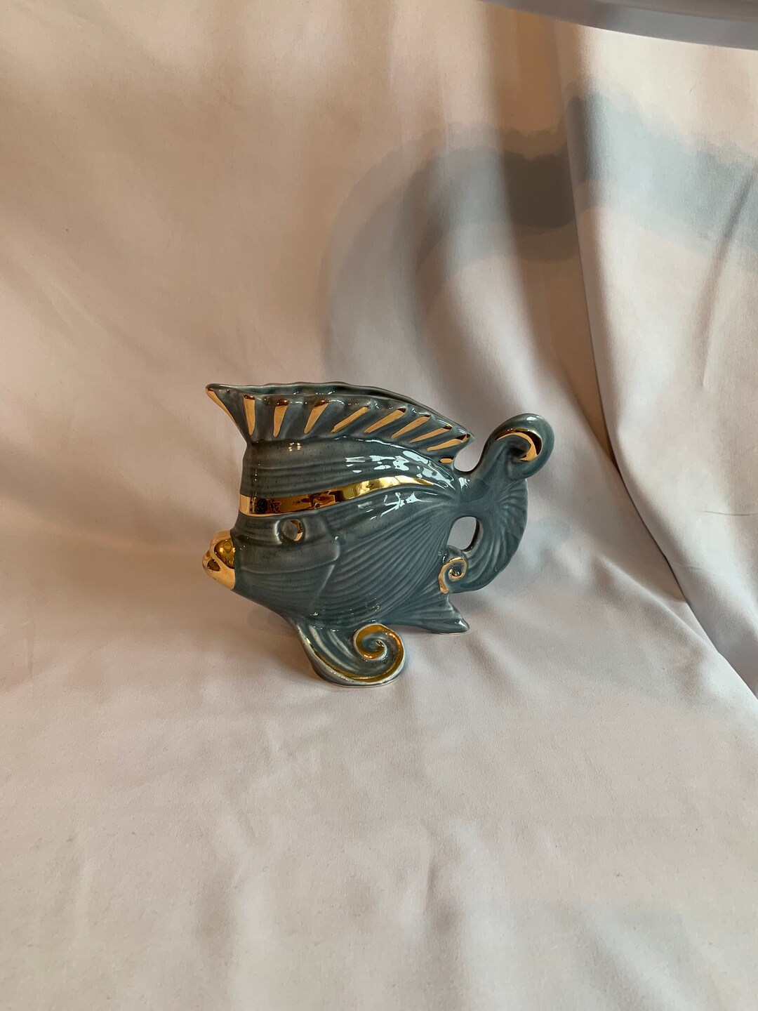 Vintage Ceramic Blue Fish Planter With Gold Accents, Retro Blue Fish
