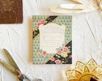 DIGITAL DOWNLOAD Floral with Teal Gold Vintage Greeting Card- 1920s Greeting Card, Vintage Card, Vintage Wedding Invitation, Vintage Scan