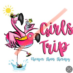 May include: Pink flamingo with sunglasses holding a drink in a pink inflatable ring with the text "Girls Trip" and "Cheaper than therapy" in pink lettering.