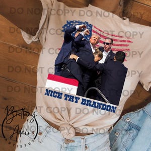 May include: A beige t-shirt with a distressed American flag design and the text "Nice Try Brandon". The flag features a group of people in front of it.