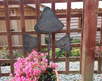 Large Metal triple Mushroom with spike - Garden Art- Made in Wales - Rusty Metal Art - 3 Mushrooms -  ready to Rust toadstools - Welsh Gift