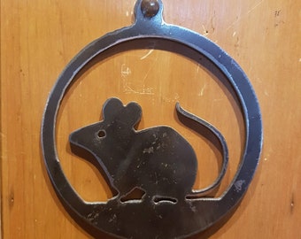 Metal Mouse in a disc - Door hanger - Metal Garden Art- Made in Wales - Metal Mouse- ready to Rust Mouse- Welsh Garden Gift - Tree hanger
