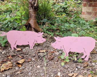 Pink Pigs - Made in Wales - Garden Art - Metal Pigs On Spikes