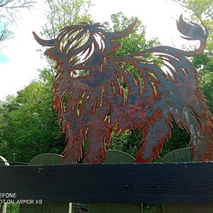 Puede incluir: Una escultura de metal oxidado de una vaca de las tierras altas, de pie sobre una valla de madera. La escultura est&aacute; detallada con un pelaje peludo y cuernos.