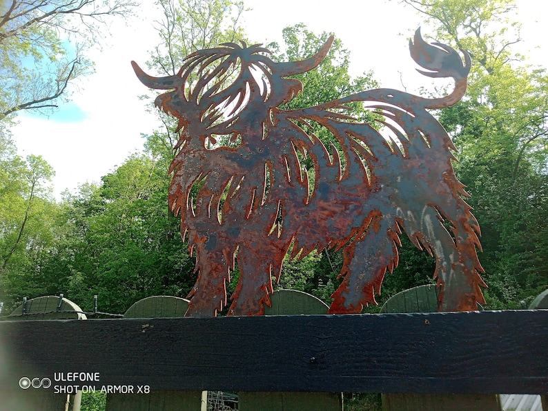 Puede incluir: Una escultura de metal oxidado de una vaca de las tierras altas, de pie sobre una valla de madera. La escultura est&aacute; detallada con un pelaje peludo y cuernos.