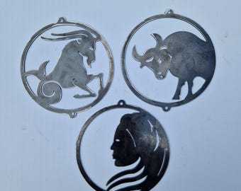 Capricorn - Taurus - Virgo - Earth Star signs - signs of zodiac - metal discs - made in wales