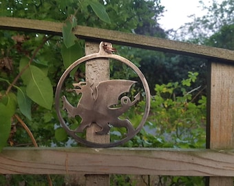 Metal Dragon in a disc - Door hanger - Metal Garden Art- Made in Wales - Metal Dragon - ready to Rust Dragon- Welsh Garden Gift -Tree hanger