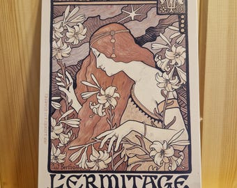 a5 L'ermitage reproduction on powder coated mild steel. Artwork by Paul Berthon C1897 Art Nouveau