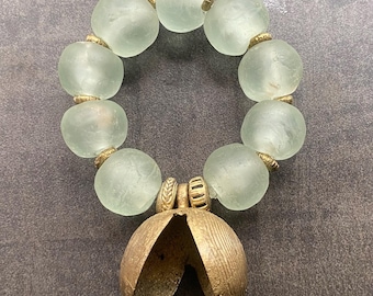 Krobo Beads Unisex Bracelet, Ghana Brass Spacers, Jumbo Bell Pendant, African Statement Jewelry