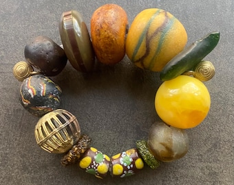 Chunky Krobo Beads Bracelet, Unisex African Ghana Brass Statement Jewelry