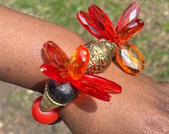 Krobo Beads Statement Bracelet, Ghana Brass, Resin Beads, African Jewelry