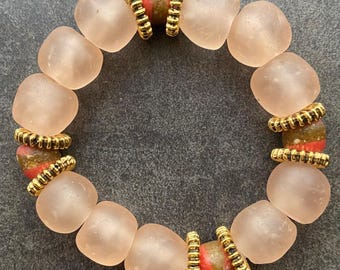 Krobo Glass Bead Bracelet,Unisex  Antique Gold Spacers, African Statement Jewelry