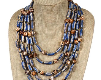 Krobo Glass Beads Necklace, Agate, Ethnic Statement Jewelry