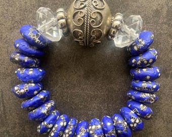 Krobo Beads Unisex Statement Bracelet, Antique Silver Plated Brass, Resin Disk Beads