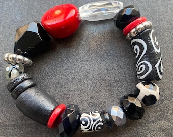 Krobo Glass Resin Bead Bracelet, Unisex African Statement Jewelry, Antique Silver Accents