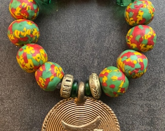 Krobo Bead Bracelet, Ghana Brass Pendant, Unisex  African Jewelry