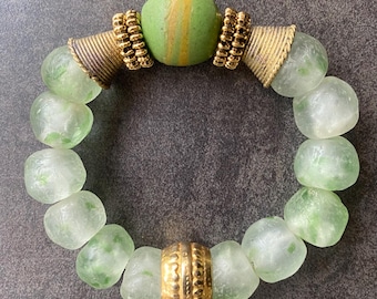 Krobo Glass Beads Bracelet, Ghana Brass Cone Caps, Antique Gold Spacers, Elastic Beaded Unisex  Jewelry