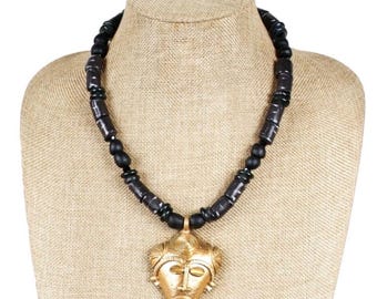 Ghana Brass Mask Pendant Necklace, Krobo Glass Beads, African Jewelry