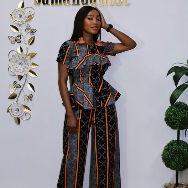 African Print Two-Piece Set - Peplum Top & Wide-Leg Pant