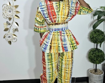 Vibrant African Print Two-Piece Set - Peplum Top & Wide-Leg Pant