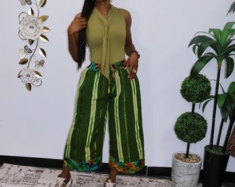 Pantalones culotte Aso Oke tejidos a mano / Pantalones africanos de pierna ancha en verde vibrante