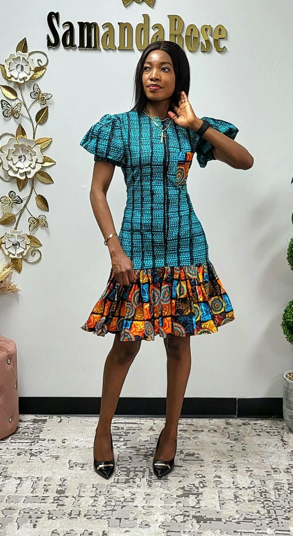 African Ankara Fit & Flare Mini Dress, Teal Geometric Print - Etsy Israel