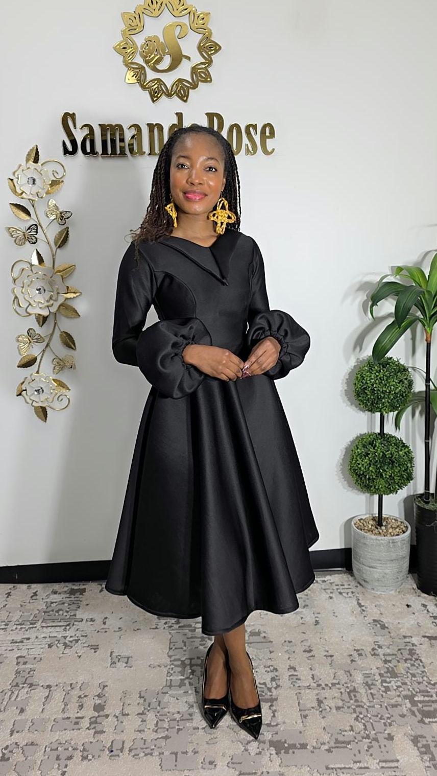 bishop sleeve black dress Black Midi Dress, Bishop Sleeves, Portrait Collar, A-Line Cocktail Dress