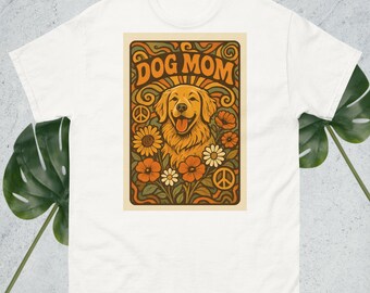 Dog Mom T-Shirt: Retro 70s Golden Retriever Groovy Floral Peace Sign Tee