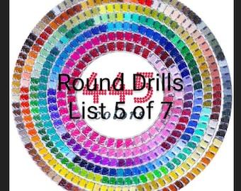 May include: A circular arrangement of colorful, square-shaped objects, resembling a color chart. The image features the text "Round Drills 45 List 5 of 7" in the center, with the number "45" in red.
