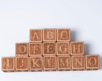 15 Floral ABC Building Blocks | Alphabet Montessori Toys | Wooden Puzzles Memory Matching game | Personalized Gifts for Montessori Playroom