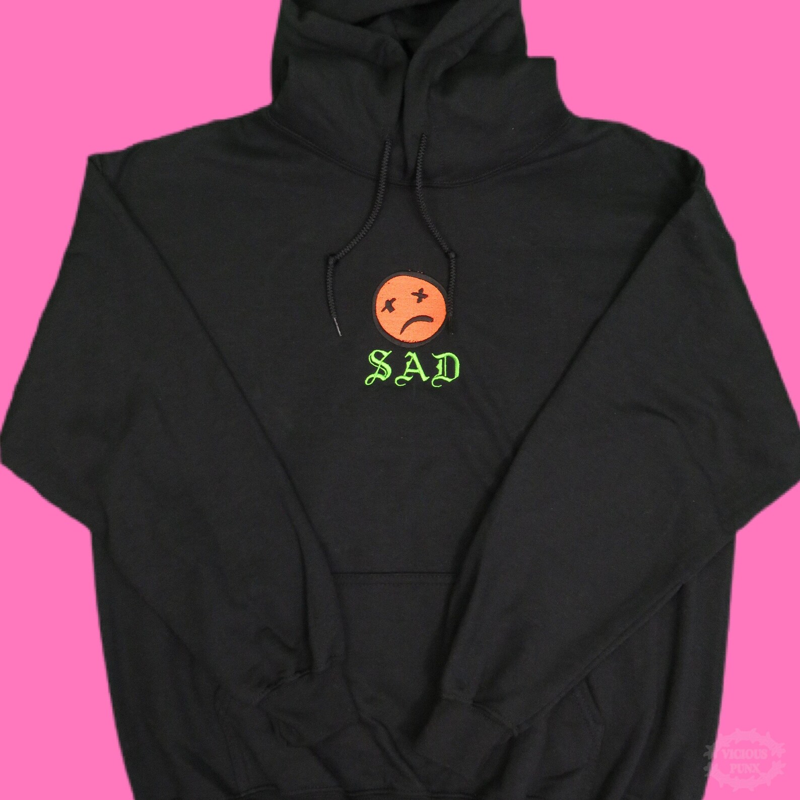 black hoodie with smiley faces